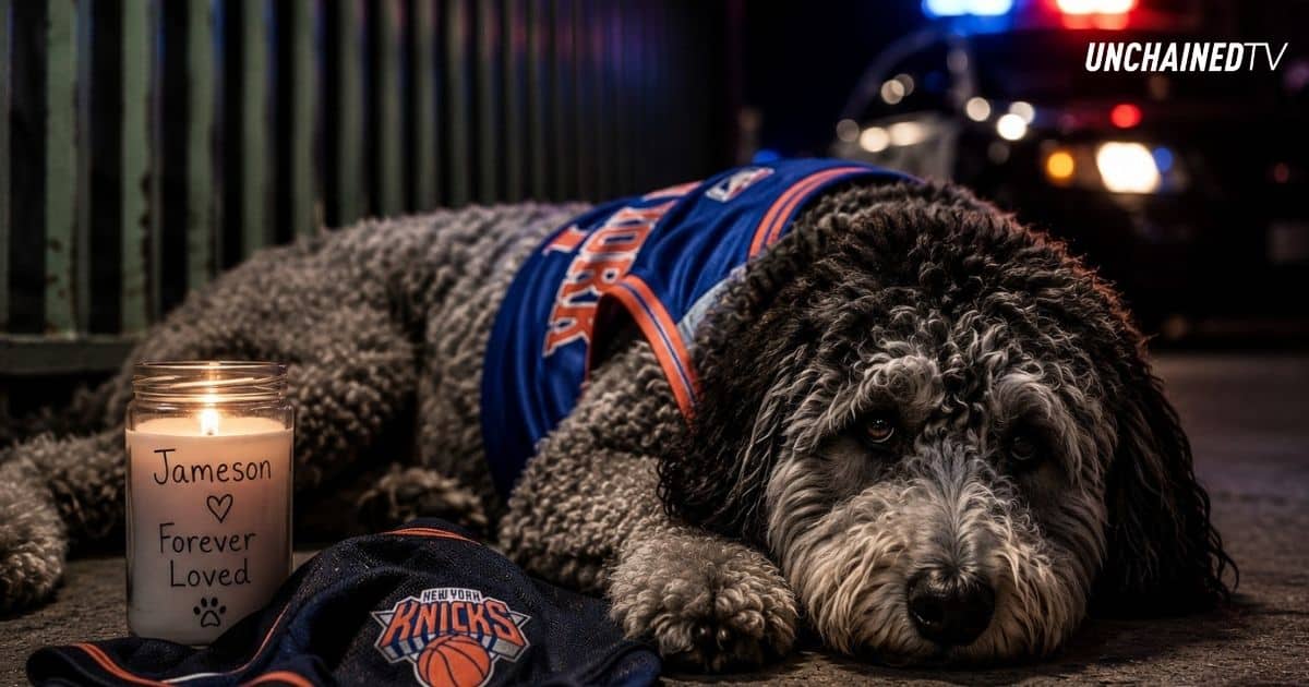 Memorial image of Jameson, a family dog wearing a Knicks jersey, after a fatal LAPD shooting during a championship celebration.