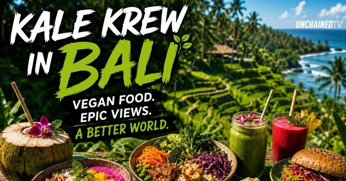 Colorful vegan dishes and tropical drinks overlooking Bali rice terraces and ocean views for Kale Krew’s vegan travel feature.