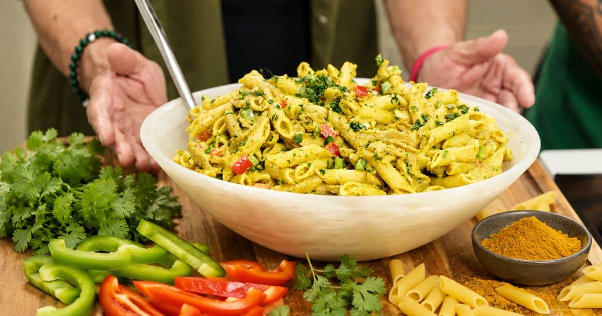 vegan chicken curry pasta salad