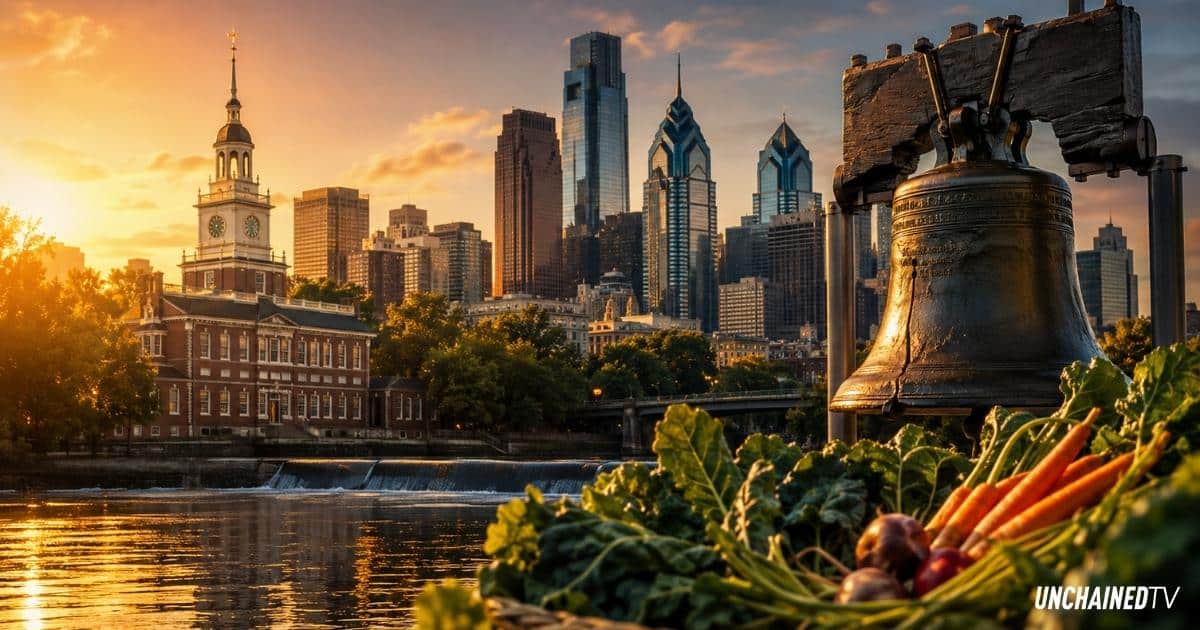 Philadelphia skyline, Liberty Bell and fresh vegetables representing the city’s role in America’s veg revolution