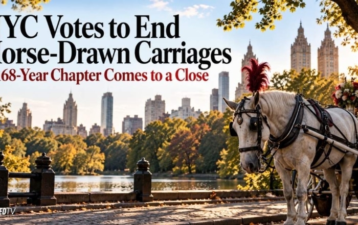 A white horse-drawn carriage in Central Park with the New York City skyline, illustrating the historic vote to ban carriage operations by 2028.