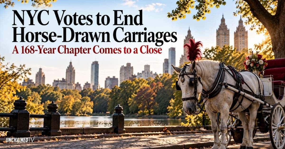 A white horse-drawn carriage in Central Park with the New York City skyline, illustrating the historic vote to ban carriage operations by 2028.